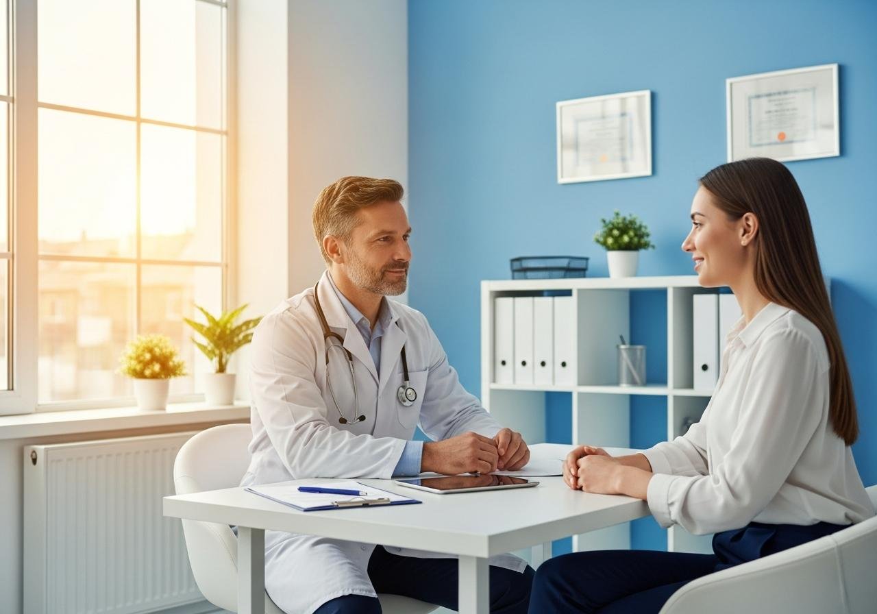 A doctor speaking with a patient in a clinic
